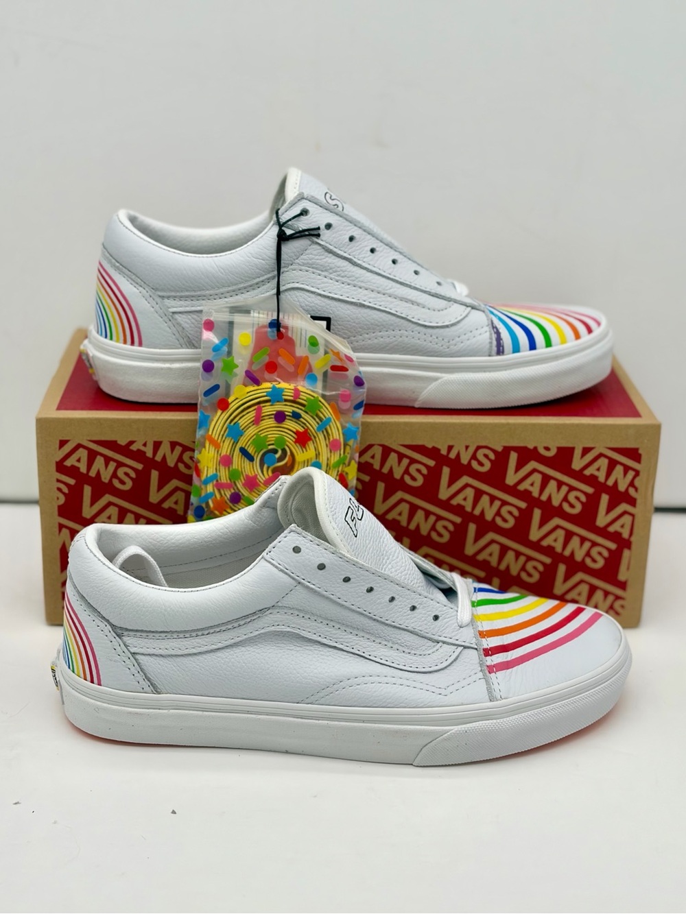 Vans White Old Skool Sneakers with Rainbow Stripe Accents